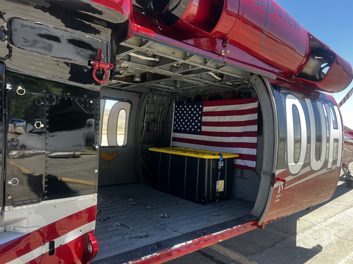 Seaview Aviation UH-60 cargo bay with American flag